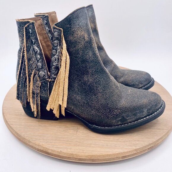 Circle G Boots Womens 6 Beige Leather Pull On Ankle Fringe Western Studded - Picture 1 of 11